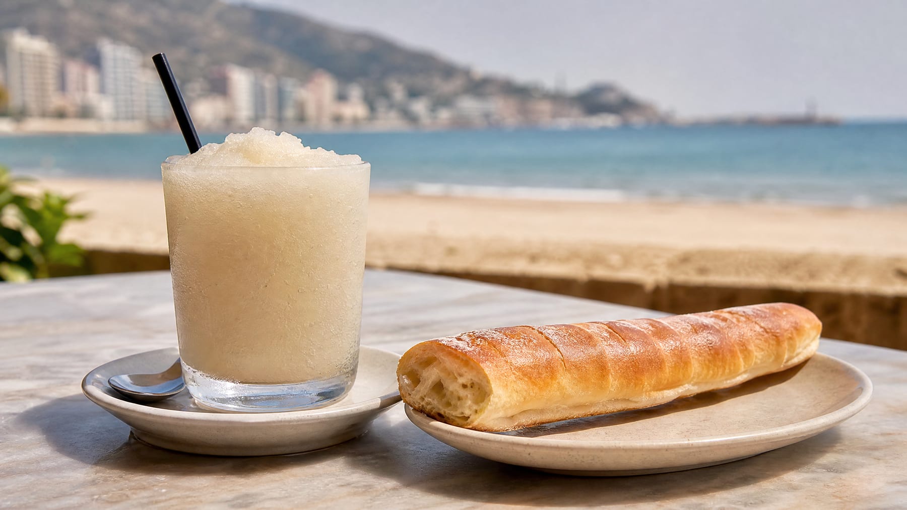 Valencian horchata slushie with fartons near the Cullera Lighthouse