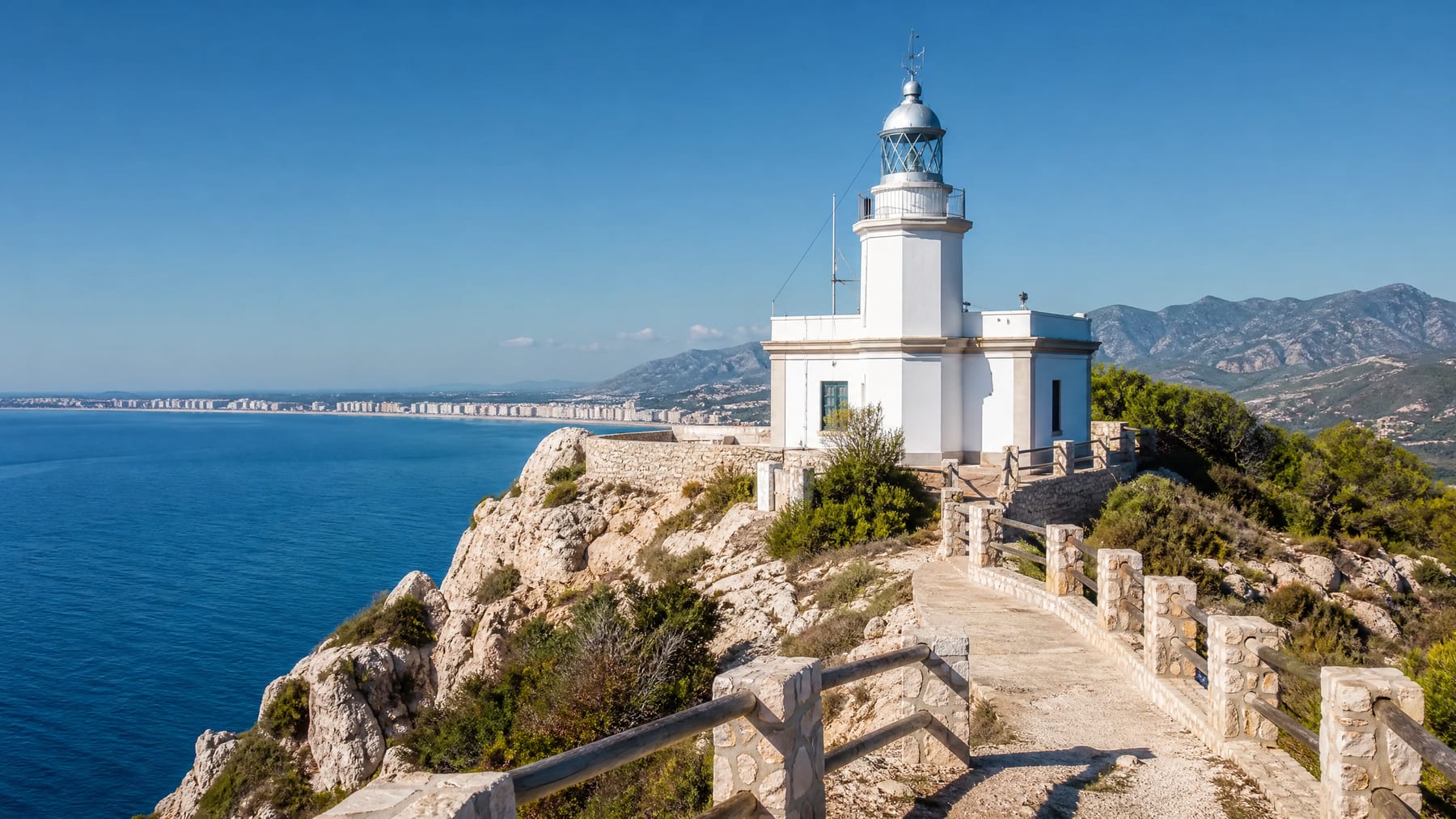 Cullera Lighthouse at sunset with the Mediterranean Sea and cliffs lit by golden light