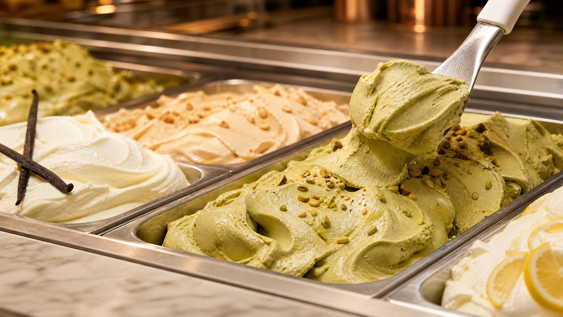 Artisan ice cream ingredients, tigernuts, fartons and gelateria tools on a marble table