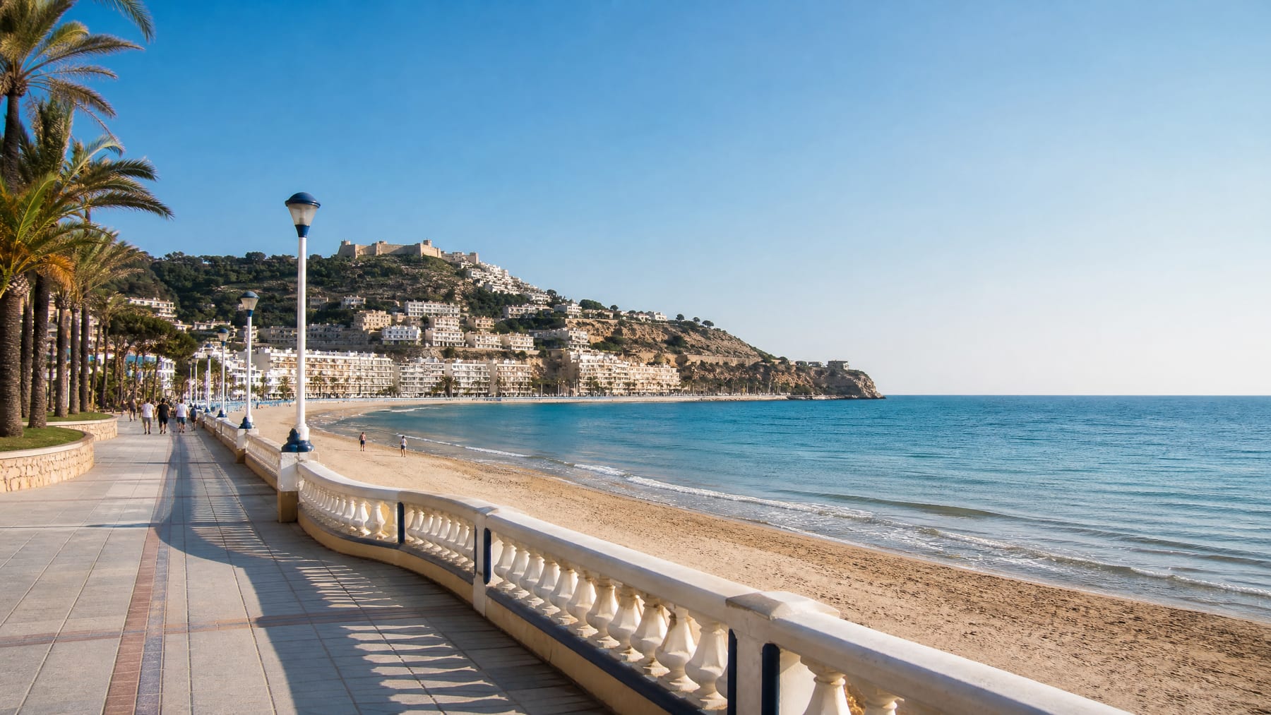 Hyper-realistic panorama of Cullera with beach, castle, lighthouse district and Mediterranean summer atmosphere
